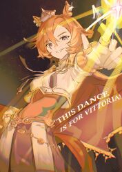  1girl absurdres animal_ears armor breasts cape crown english_text fingerless_gloves gloves gold_corset hair_between_eyes highres horse_ears horse_girl horse_tail jewelry long_sleeves looking_at_viewer mini_crown multiple_rings open_mouth orange_hair orange_tail peemy pink_cape pink_crown ring shirt short_hair shoulder_armor skirt smile solo sparkle t.m._opera_o_(o_sole_suo!)_(umamusume) t.m._opera_o_(umamusume) tail two-tone_skirt umamusume violet_eyes white_gloves white_shirt 