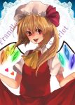  1girl ascot bad_id blonde_hair bust character_name curtsey doily flandre_scarlet hat heart red_eyes skirt skirt_lift solo the_embodiment_of_scarlet_devil touhou wings 