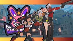 1boy anby_demara animal_ears billy_kid cat_ears emblem food_in_mouth long_hair multiple_girls nekomiya_mana nicole_demara open_mouth pose revolver short_hair zenless_zone_zero