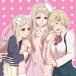  3girls artist_request bad_id belarus_(hetalia) blonde_hair blue_eyes blush bow closed_eyes coat genderswap hair_bow hair_ornament hairclip hat headband highres kanno_miiyu long_hair multiple_girls myu0w0 purple_eyes russia_(hetalia) short_hair siblings sisters ukraine_(hetalia) violet_eyes 