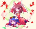  &gt;:) 2girls :&gt; ascot bandage bandages bandaid blue_hair bow brown_hair detached_sleeves hair_bow hakurei_reimu highres multiple_girls open_mouth power-up red_eyes shino_(mijinko) sitting sitting_on_person smile touhou yasaka_kanako 