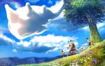  bicycle blue_sky cloud clouds creature dog dutch_angle fish flower flying grass kyoung_hwan_kim looking_up mountain multiple_boys original running scenery school_uniform sky tahra tree 