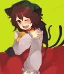  1girl :d animal_ears bad_id brown_eyes brown_hair cat cat_ears cat_tail chen earrings hat jewelry multiple_tails nail_polish open_mouth short_hair simple_background smile solo tail touhou wink 