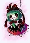  :3 absurdres barefoot chain chains chibi dress frills front_ponytail green_hair hair_ribbon highres kagiyama_hina open_mouth ribbon smile solo spinning touhou yume_shokunin 