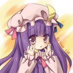  blush crescent hand_on_own_cheek hand_to_cheek hands_on_face hands_on_own_face hat highres long_hair no_nose open_mouth patchouli_knowledge portrait purple_eyes purple_hair ribbon signature silver15 solo touhou violet_eyes 