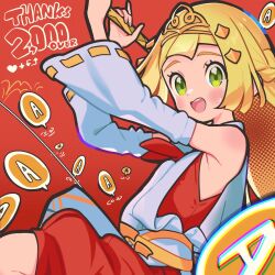  1girl alternate_costume blonde_hair blush braid green_eyes highres holding holding_mallet japanese_clothes kimono kine kinocopro lillie_(pokemon) long_hair looking_at_viewer mallet open_mouth pokemon pokemon_sm red_kimono sleeveless sleeveless_kimono smile solo tiara white_kimono 