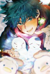  1boy 1other boku_no_hero_academia commentary_request freckles green_eyes green_hair highres joikzo looking_at_viewer male_focus midoriya_izuku mini_snowman open_mouth scar scar_on_face scarf short_hair signature solo_focus watermark 