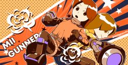 2girls aiming aiming_at_viewer arm_cannon back-to-back belt bodysuit boots brown_eyes brown_hair closed_mouth commentary copyright_name explosion explosion_background firing gloves gun highres jumpsuit limited_palette long_hair looking_at_viewer mii_(nintendo) mii_gunner mii_gunner_(smash_4) mii_gunner_(smash_ultimate) miifighterss2 multiple_girls nintendo open_mouth orange_shirt orange_theme pants polka_dot polka_dot_background shirt short_hair smile star_(symbol) super_smash_bros. symbol-only_commentary turtleneck twitter_username weapon yellow_theme 