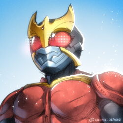  1boy armor ashmish black_helmet blue_background commentary_request helmet highres kamen_rider kamen_rider_kuuga kamen_rider_kuuga_(series) male_focus polka_dot red_armor red_eyes solo upper_body 