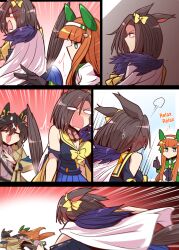  3girls air_groove_(empress_road)_(umamusume) air_groove_(umamusume) animal_ears blue_eyes bow brown_hair ear_bow ear_covers english_text hair_between_eyes hairband highres horse_ears horse_girl horse_tail long_hair multicolored_hair multiple_girls official_alternate_costume orange_hair short_hair silence_suzuka_(innocent_silence)_(umamusume) silence_suzuka_(umamusume) smile spanked stay_gold_(umamusume) tail umamusume white_hair yonedatomo_mizu 