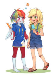  2girls :d aged_down alternate_costume alternate_hairstyle animal_print animification apple applejack applejack_(equestria_girls) barefoot blonde_hair blue_hoodie blue_overalls blue_skin blush braid brown_sandals candy cat_print child colored_skin commentary couple dcon_34 food freckles fruit green_eyes green_shirt happy highres holding holding_candy holding_food holding_hands holding_lollipop hood hoodie kodomo_doushi licking_lips lollipop long_hair low_twin_braids multicolored_hair multiple_girls my_little_pony my_little_pony:_equestria_girls my_little_pony:_friendship_is_magic open_mouth orange_skin overalls personification pink_eyes ponytail rainbow_dash rainbow_dash_(equestria_girls) rainbow_hair sandals shirt short_hair simple_background smile star_(symbol) tongue tongue_out twin_braids white_background wings yuri 