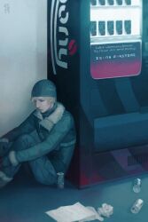 1boy blonde_hair blue_eyes can canned_coffee commentary_request crumpled_paper driftwoodwolf drink_can english_commentary english_text final_fantasy final_fantasy_xv hat jacket long_sleeves male_focus mixed-language_commentary paper prompto_argentum sitting solo vending_machine 