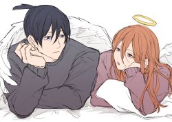 2boys angel angel_devil angel_devil_(chainsaw_man) angel_wings azm_e3 black_hair blue_eyes chainsaw_man closed_mouth commentary_request earrings elbow_rest eye_contact hair_between_eyes halo hand_on_own_face hayakawa_aki hayakawa_aki_(chainsaw_man) highres jewelry long_hair long_sleeves looking_at_another lying male_focus multiple_boys on_stomach open_mouth red_eyes red_hair short_hair topknot twitter_username white_wings wings