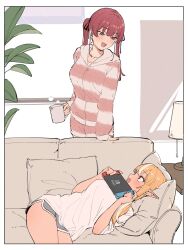  2girls blonde_hair border couch cup dark-skinned_female dark_elf dark_skin desk_lamp dolphin_shorts elf grey_shorts hair_ribbon handheld_game_console heterochromia highres holding holding_cup holding_handheld_game_console hololive houshou_marine indoors lamp looking_at_another lying multicolored_hair multiple_girls nintendo_switch on_couch pajamas pillow plant pointy_ears potted_plant red_eyes red_hair ribbon shino_12a shiranui_flare shirt shorts sidelocks standing streaked_hair striped_clothes striped_pajamas t-shirt twintails two-tone_hair virtual_youtuber white_border white_hair white_shirt white_streaks yellow_eyes 