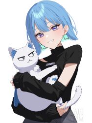  1girl animal black_shirt blue_eyes blue_hair blue_nails cat earrings grin highres holding holding_animal holding_cat hololive hoshimachi_suisei jewelry looking_at_viewer shirt short_hair simple_background smile star_(symbol) star_earrings star_in_eye symbol_in_eye takoyaki_(hoshimachi_suisei) turtleneck violet_eyes virtual_youtuber white_background you06 