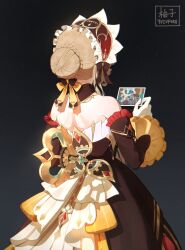  1girl absurdres artist_name bare_shoulders black_collar black_dress black_sleeves bow braid brown_hair bun_with_braided_base collar commentary detached_collar detached_sleeves dress english_commentary facing_away frilled_sleeves frills from_behind genshin_impact gloves hair_bow hair_bun headdress highres holding holding_photo long_sleeves photo_(object) sandrone_(genshin_impact) solo strapless strapless_dress upper_body white_gloves winding_key yuzufurii 