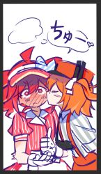  2girls a.i._voice adachi_rei blush blush_stickers commentary dress drill_hair full-face_blush gloves kasane_teto kiss kissing_cheek mesmerizer_(vocaloid) multiple_girls orange_hair orange_pants pants pinstripe_pattern pinstripe_shirt red_dress red_eyes red_hair shirt suspenders ttnsfw0401 twin_drills utau visor_cap white_gloves yuri 