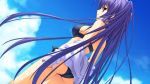  bare_shoulders bikini blue_hair dutch_angle from_behind game_cg highres itsukishishihime_no_mikoto jpeg_artifacts kobuichi long_hair looking_back muririn off_shoulder sky sleeves_past_wrists smile solo swimsuit tenshinranman tenshinranman_happy_go_lucky!! 