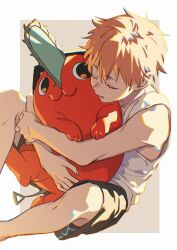  1boy 6tnut9 :3 aged_down black_shorts blonde_hair chainsaw_man child closed_eyes commentary_request denji_(chainsaw_man) fingernails hug invisible_chair looking_at_another male_focus pochita_(chainsaw_man) short_hair shorts sideways_glance sitting tank_top white_tank_top 