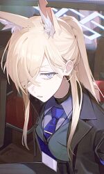  alternate_costume animal_ear_fluff black_coat blonde_hair blue_archive blue_eyes blue_halo blue_necktie coat comiket_107 commentary cropped crossed_bangs dog_hair flatshi grey_jacket grey_suit hair_over_one_eye halo highres jacket jewelry lapels long_hair long_sidelocks looking_at_viewer necklace necktie notched_lapels open_clothes open_coat ponytail shirt sidelocks sitting solo suit suit_jacket symbol-only_commentary undershirt white_shirt 
