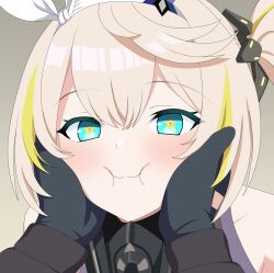  1girl 1other bare_shoulders black_gloves blonde_hair blue_eyes blush girls'_frontline_2:_exilium girls_frontline gloves green_hair hair_between_eyes hair_ribbon hands_on_another's_cheeks hands_on_another's_face highres long_hair looking_at_viewer multicolored_hair pov ribbon sharkry_(girls'_frontline_2) side_ponytail solo_focus squeezing_cheeks star-shaped_pupils star_(symbol) streaked_hair sumiboshi_(zatsuha) symbol-shaped_pupils two-tone_hair upper_body white_ribbon 