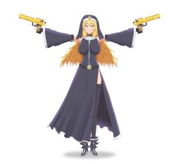  1girl angelica_amadeus belt black_boots black_thighhighs black_veil blonde_hair blue_dress blue_eyes boots breasts cross desert_eagle detached_sleeves dress drop_shadow evil_smile golden_gun gun guns_and_nuns:_storming_hell handgun highres holding holding_gun holding_weapon large_breasts long_hair nun nun_headdress official_art rm120 smile solo thigh-highs veil weapon white_background 