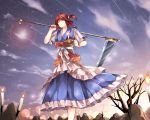  breasts candle cleavage closed_eyes cloud clouds eyes_closed hair_bobbles hair_ornament japanese_clothes lens_flare mutsuki obi onozuka_komachi open_mouth red_hair redhead scythe shooting_star short_hair short_sleeves sky solo star star_(sky) touhou tree twintails weapon 