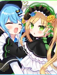 2girls :d black_capelet black_flower black_hat black_rose blonde_hair blue_hair braid braided_hair_rings capelet closed_eyes commentary_request flower green_bonnet green_eyes hair_rings hat heart highres hug lolita_fashion long_hair long_sleeves looking_at_viewer looking_back mahou_shoujo_no_majo_saiban multiple_girls open_mouth rose shikito_(yawa0w0) short_hair smile tachibana_sherry tono_hanna twintails upper_body yellow_flower yellow_rose 