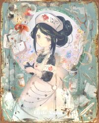  1girl absurdres bandaid black_hair blood blood_bag bow brown_eyes commentary_request flower gauze hat highres light_smile looking_at_viewer medicine_bottle nurse nurse_cap original pill solo stethoscope sumi_keiichi syringe thermometer 