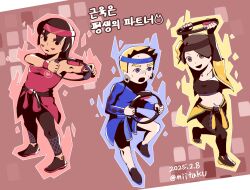  1boy 1girl 2boys abdonis allegra_(ring_fit_adventure) armando_(ring_fit_adventure) armband aura belt black_eyes black_gloves black_hair black_leggings black_pants blonde_hair blue_dress blue_eyes blue_shirt breasts brown_eyes brown_hair clothes_around_waist cosplay crop_top cropped_jacket dress earrings exercising fingerless_gloves full_body gloves grey_eyes headband highres holding jacket jewelry joy-con korean_text leggings looking_at_viewer midriff mii_(nintendo) mii_brawler_(smash_ultimate) mii_gunner mii_gunner_(smash_ultimate) mii_swordfighter mii_swordfighter_(smash_ultimate) miitaku multiple_boys multiple_girls navel nintendo non-web_source open_mouth pants red_headband red_shirt ring-con ring_fit_adventure shirt shoes short_hair short_sleeves sleeveless smile standing super_smash_bros. sweatdrop twitter_username very_short_hair weapon wristband yellow_jacket 