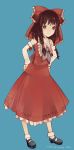  ascot bow brown_eyes brown_hair detached_sleeves dress female hair_bow hair_tubes hakurei_reimu hands_on_hips mary_janes mrfatso ribbon shoes simple_background smile socks solo touhou 
