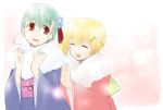  2girls aino_yumeri blonde_hair closed_eyes female flower glasses green_hair hair_flower hair_ornament highres japanese_clothes kimono multiple_girls open_mouth red_eyes short_hair smile 