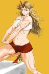  &gt;:) abs blonde_hair crop_top earrings hands_clasped horn hoshiguma_yuugi jewelry long_hair looking_at_viewer midriff muscle muscular_female nail_polish navel no_socks pointy_ears red_eyes shoes short_shorts shorts simple_background sneakers solo stretch touhou tsurui unzipped yellow_background 