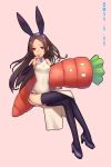  animal_ears bare_shoulders black_legwear black_thighhighs brown_hair bunny_ears carrot china_dress chinese_clothes detached_sleeves hand_to_mouth highres jun_(goodgun7) original red_eyes simple_background solo thigh-highs thighhighs 