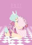  2011 blue_hair bunny_ears bunny_girl bunny_tail checkered checkered_floor chinese_new_year fukuzou naked_ribbon original pillow pillow_hug pink_eyes ribbon short_hair socks solo tail 