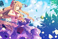  blonde_hair bow chain chains gourd hair_bow horns ibuki_suika long_hair orange_hair rin_tsuyukusa solo touhou yuzuri_sa 