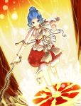  alternate_costume anklet barefoot blue_eyes blue_hair bracelet hair_bun jewelry kumoi_ichirin midriff naka_akira no_hat no_headwear solo sword touhou weapon wheel_of_dharma 