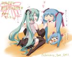  cake closed_eyes detached_sleeves eating eyes_closed feeding food ginshachi hair_ribbon hatsune_miku long_hair ribbon shiteyan&#039;yo shiteyan'yo sitting skirt smile spoon thigh-highs thighhighs twintails very_long_hair vocaloid wariza 