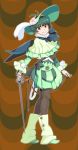  akizuki_ryou brown_eyes cosplay costume green_hair hat highres idolmaster idolmaster_dearly_stars pantyhose rapier short_hair solo sword weapon 