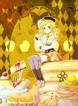  blonde_hair blush cup drill_hair fingerless_gloves gloves hat highres kagami_chihiro magical_girl mahou_shoujo_madoka_magica ribbon short_hair skirt smile solo sweets tea teacup thigh-highs thighhighs tomoe_mami twintails yellow_eyes 