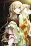  absurdres amisaki_ryouko arm_behind_head arm_up barefoot blonde_hair book dress feet frilled_dress frills gosick green_eyes hand_behind_head highres long_hair looking_away nyantype official_art open_book ribbon solo toes very_long_hair victorica_de_blois victorique_de_broix 