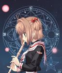  brown_hair card_captor_sakura cardcaptor_sakura child dodecagram green_eyes instrument kinomoto_sakura magic_circle ranshao recorder school_uniform serafuku short_hair solo 