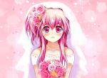  bouquet dress flower long_hair pink_eyes pink_hair pink_rose rose shiawase_usagi side_ponytail veil wedding_dress yui_(angel_beats!) 
