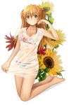  barefoot bikini blue_eyes brown_hair clothes_writing clothing_writing flower hijiri_ruka long_hair neon_genesis_evangelion orange_hair see-through solo soryu_asuka_langley souryuu_asuka_langley sunflower swimsuit t-shirt wet wet_clothes 