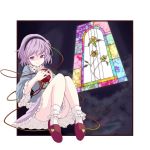  bad_id highres komeiji_satori panties purple_eyes purple_hair short_hair sitting solo stained_glass third_eye touhou tsuttsu underwear window yukino_tsubu 