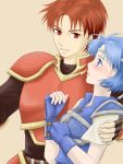  alan armor blue_eyes blue_hair blush circlet couple fingerless_gloves fire_emblem fire_emblem:_fuuin_no_tsurugi fire_emblem_fuuin_no_tsurugi gloves knight pegasus_knight red_armor short_hair suzu007 tate 