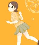  food fruit higebu inazuma_eleven inazuma_eleven_(series) jacket kino_aki looking_back orange short_hair skirt 