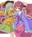  bad_id blush closed_eyes eyeball eyes_closed green_hair hairband hat heart ibuki_notsu komeiji_koishi komeiji_satori long_skirt multiple_girls notsugimi open_mouth outstretched_arms purple_hair red_eyes short_hair siblings sisters skirt smile spread_arms third_eye touhou 