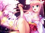  blue_eyes cherry_blossoms game_cg japanese_clothes kimono love_kami petals pink_hair sake tree 