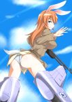  animal_ears ass blue_eyes breasts bunny_ears charlotte_e_yeager cloud clouds gun highres large_breasts long_hair military military_uniform orange_hair p-38_lightning panties sky solo strike_witches striker_unit tail underwear uniform weapon 